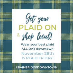 Graphic of colored plaid with text: Get your plaid on and shop local